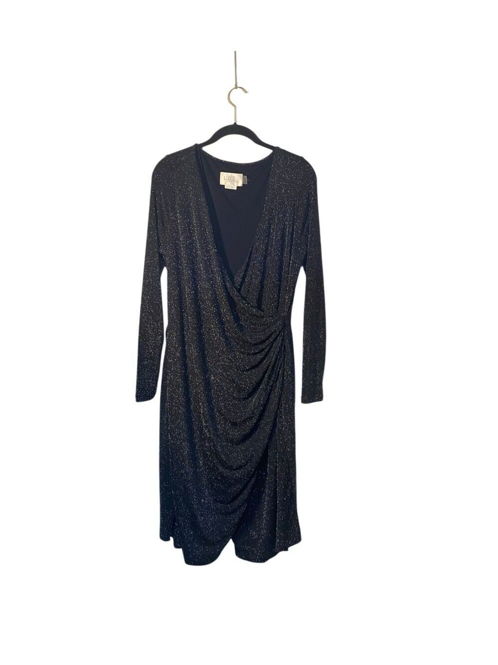 Luxe Seraphine maternity black and metallic silver faux wrap dress 12